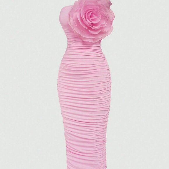 Pink Casual Women's Solid Color Pleated And 3D Flower Decorated Strapless Dress - Picture 1 of 6